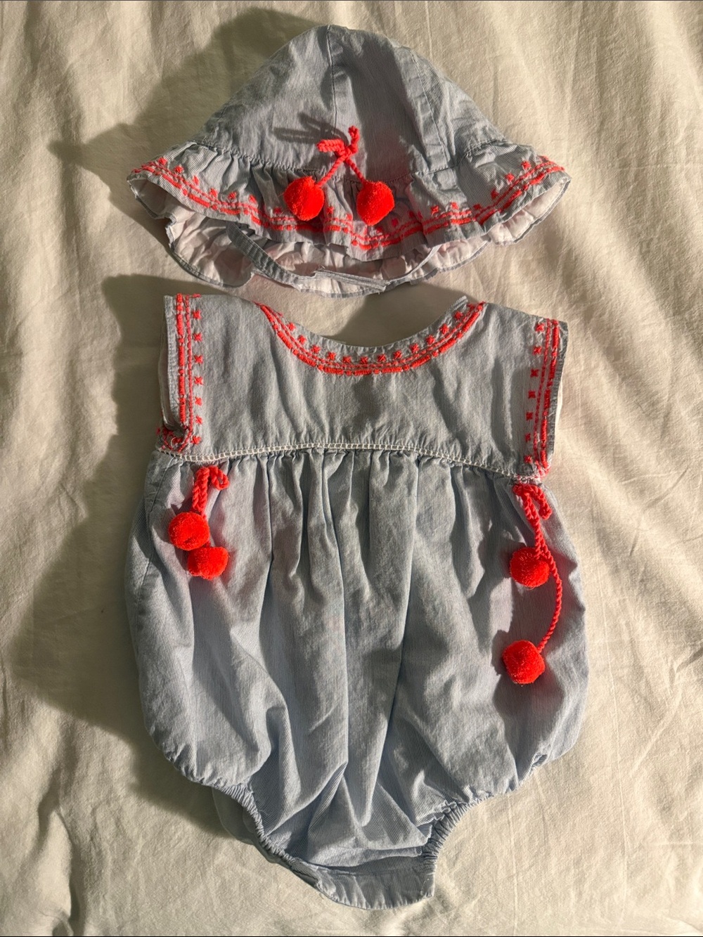 Cynthia Rowley Light Blue Romper & Hat with Bright Coral Pom Trim